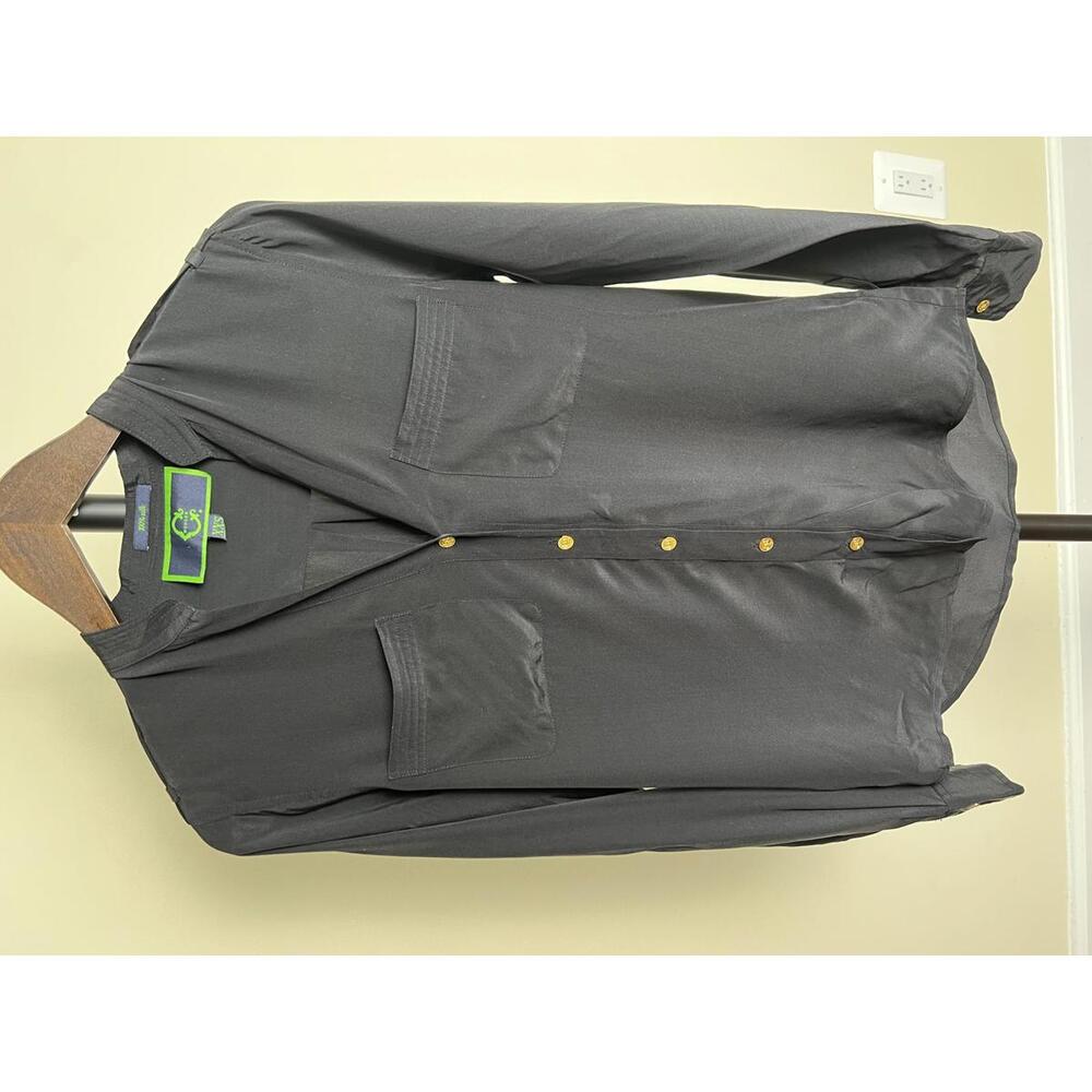 C Wonder 100% Silk Black Button Down Blouse Gold Buttons